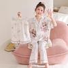 Kids Ice Silk Pajama Set Girls 3-Piece Short Sleeve Long Pants Cartoon Print Soft Breathable Sleepwear Home Outfit