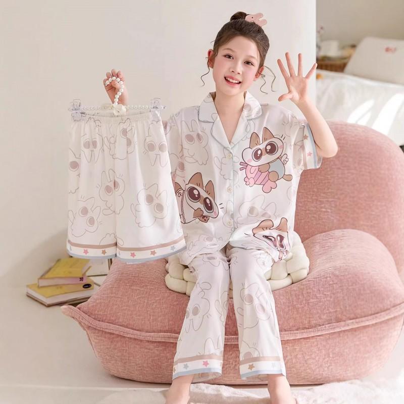Kids Ice Silk Pajama Set Girls 3-Piece Short Sleeve Long Pants Cartoon Print Soft Breathable Sleepwear Home Outfit