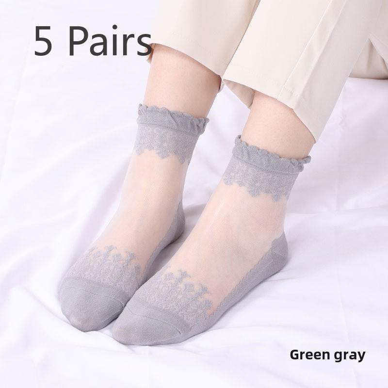 5 Pairs of Women's Spring Thin Mid Cylinder Cotton Sole Lace Lace Socks