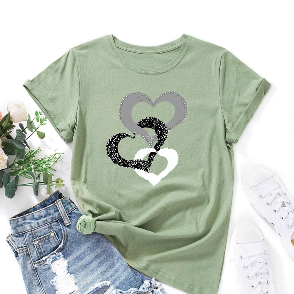3 Circle Heart Pattern Cotton T-Shirt Short Sleeve Round Neck Women 2d Print Tops