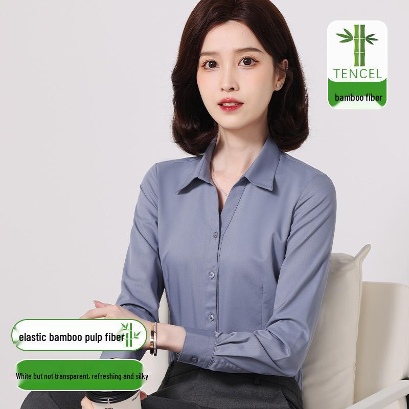Women's Slim Fit Long Sleeve Bamboo Fiber Anti-Wrinkle White Shirt for Business or Casual Wear