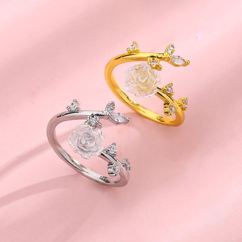 Aurora Camellia Women's Zircon Branch & Leaf Rose Flower Ring