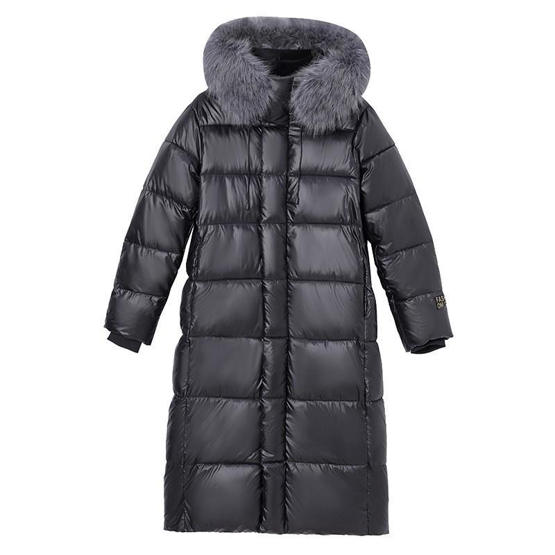 Long over-knee big sweater cotton-padded clothes women's glossy hooded cotton clothes, horizontal quilting process version loose atmosphere winter