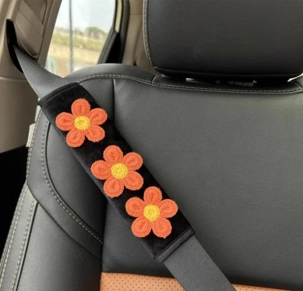 1pair Cute Embroidered Flowers Car Seatbelt Cover Seat Belt Harness Cushion Auto Shoulder Strap Protector Pad for Drivers