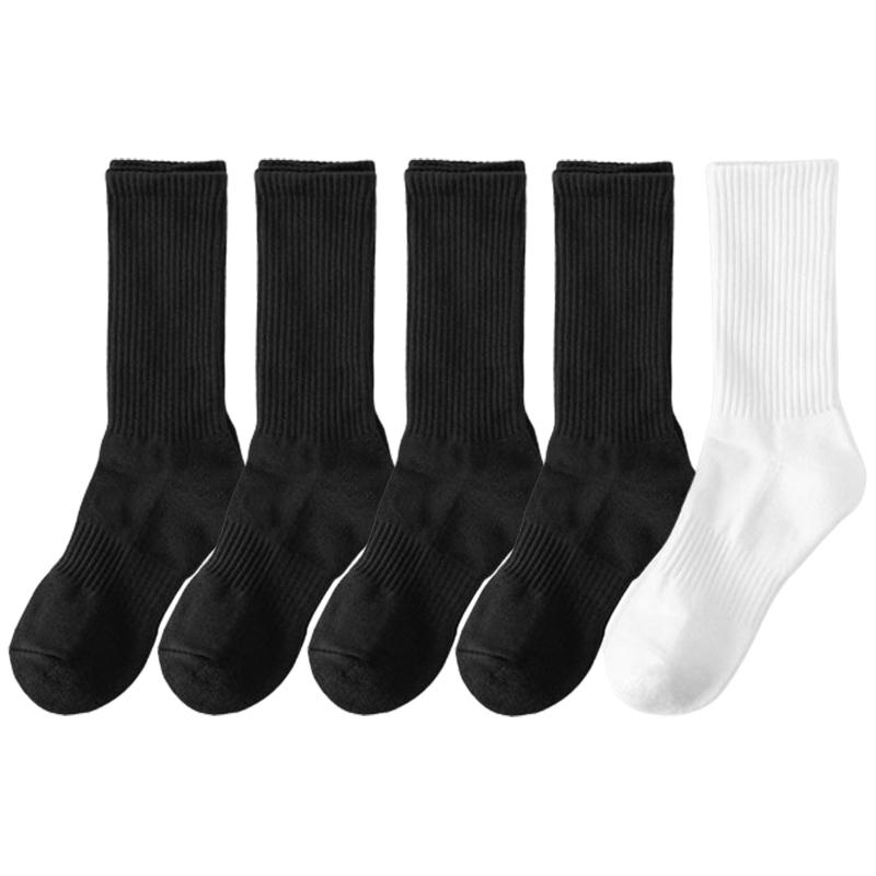 5 Pairs/lot 100% Cotton Men's High Socks Classic Black White Breathable Sweat-Absorbent Women's Autumn Warm Elastic Sports Socks