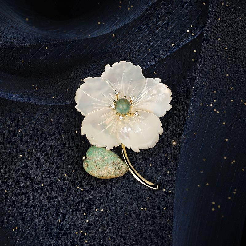 Imperial Peach Blossom Brooch: Elegant Mother-of-Pearl Shell and Stone Coat Pin
