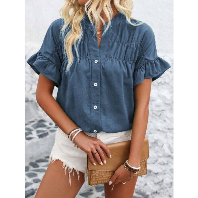 

YYFS женские модные повседневные летние весенние однотонные блузки и рубашки с короткими рукавами и v-образным вырезом с принтом S джинсовый синий