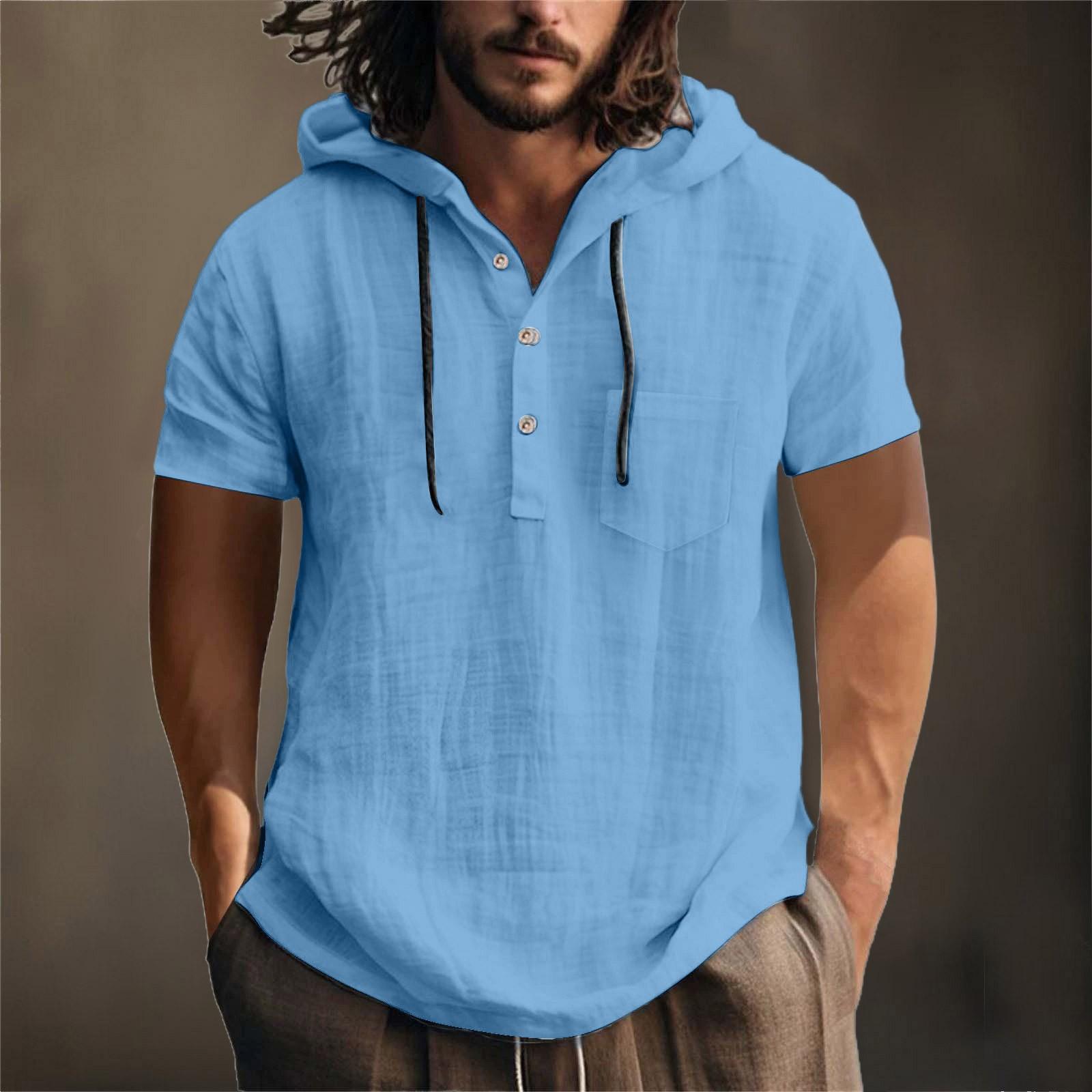 

Мужская летняя хлопковая конопляная хлопковая тонкая повседневная однотонная свободная куртка с капюшоном и коротким рукавом L светло-синий