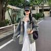 Womens Oversized Washed Denim Jacket Loose Fit Mid-Length Casual Chic Outerwear Fall