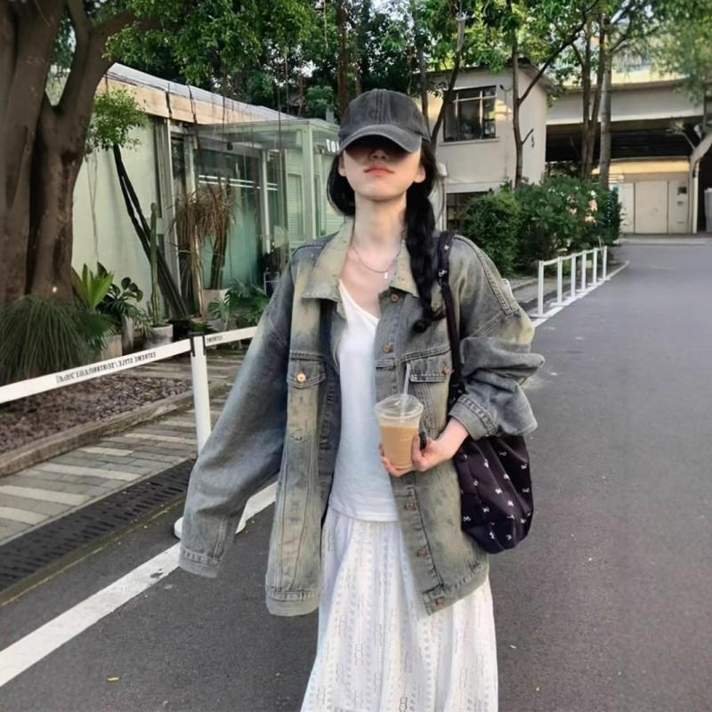 Womens Oversized Washed Denim Jacket Loose Fit Mid-Length Casual Chic Outerwear Fall