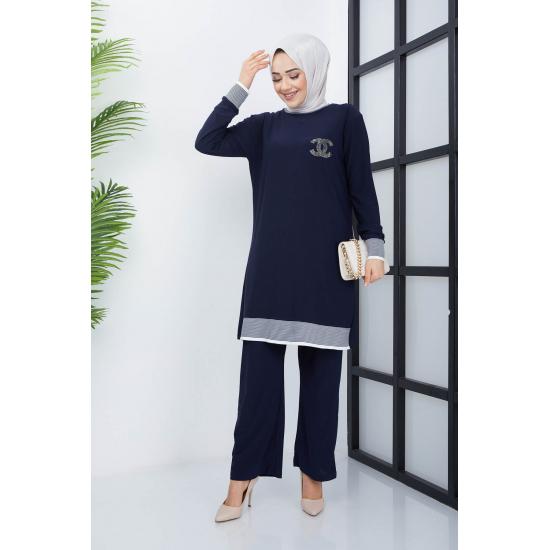 Islamska szafa damska prążkowana tunika spodnie garnitur hidżab