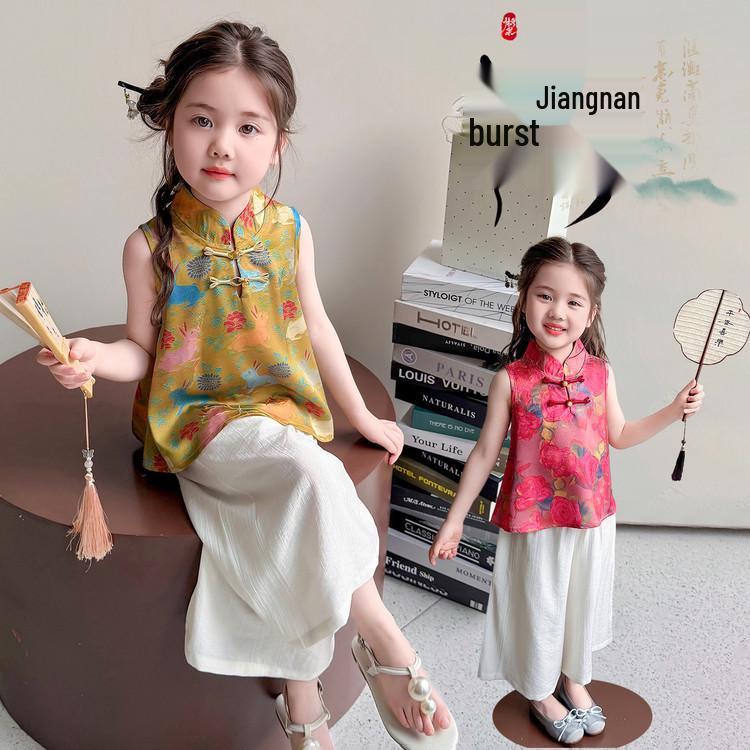 Toddler Girls' Chinese-Style Hanfu Set: Embroidered Sleeveless Top & Wide-Leg Pants (Summer 2026)