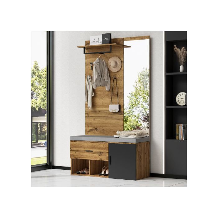 Ensemble vestiaire en imitation bois de 190 cm de haut (avec miroir), banc à chaussures (104 x 39 cm) (avec coussin)