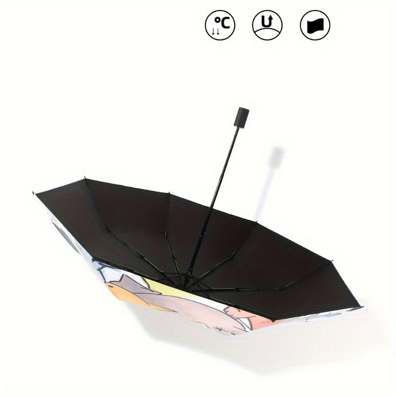1PC foldable portable travel umbrella with comfortable silicone handle, printed with anime cat pattern, suitable for rainy and sunny days.