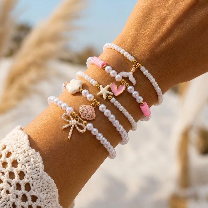 5pcs/set Bohemian Starfish Shell Imitation Pearl Bracelet for Women Ethnic Style Pink Beads Fishtail Flower Bangle Beach Jewelry