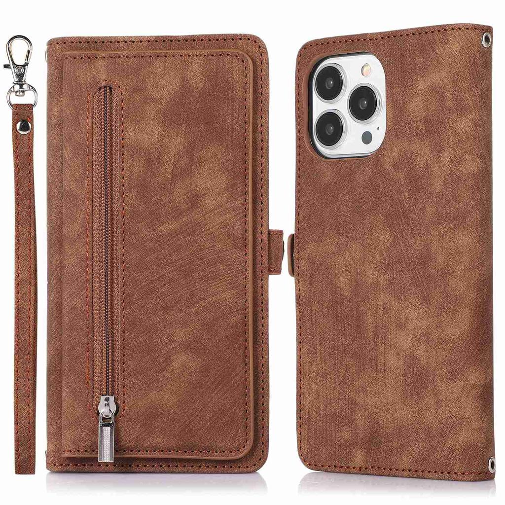 For iPhone 15 Pro Case Zipper Pocket 9 Card Slots PU Leather Phone Cover with Wrist Strap
