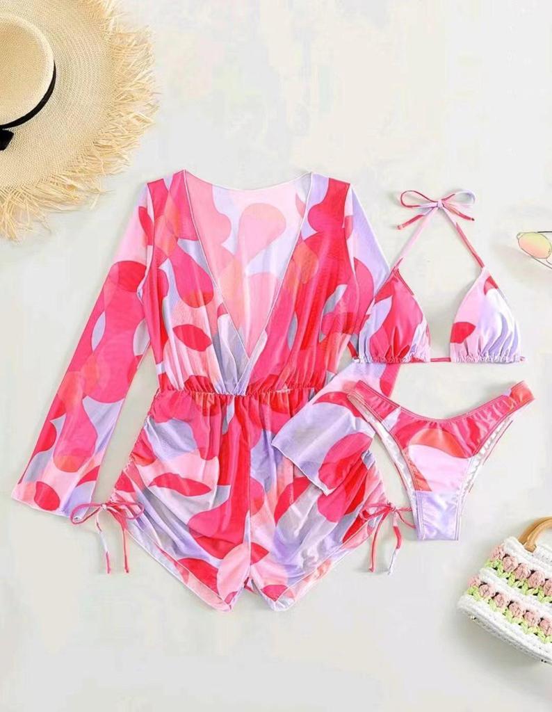 2025 Women's Cross-Border Long Sleeve Mesh Cover-Up Bikini Set: One-Piece Swimwear & Three-Piece Swimsuit.
