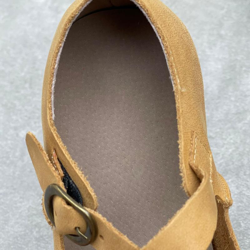 Johnature Handmade Cross Buckle Genuine Leather Soft Soled Flats Square Toe Soft Cowhide Women's Shoes