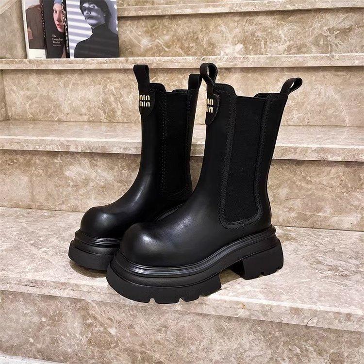 

European leather medium boots cigarette boots women s shoes Martin boots autumn and winter new cotton boots thick-soled heightening Chelsea boots 35
