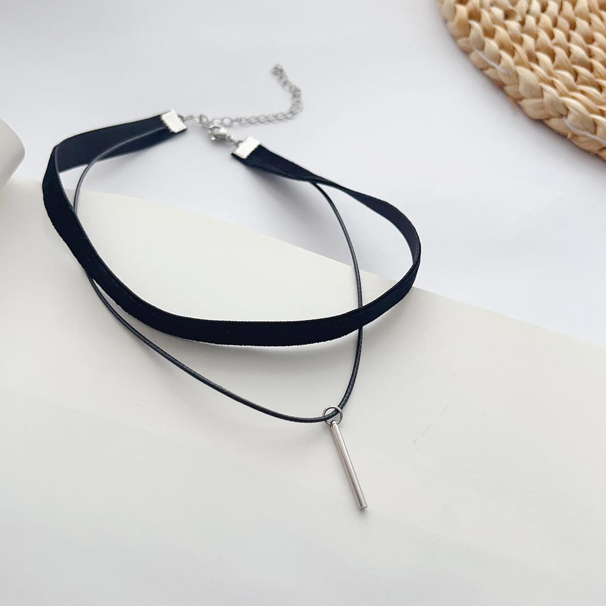 

All-match temperament silver stainless steel column pendant black velvet strap double choker collar neck strap choker necklace 40cm