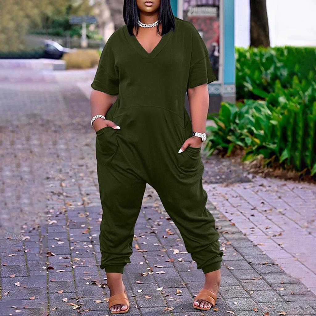 Women's Plus Size Loose Casual Short Sleeve V-Neck Solid Pocket Jumpsuit