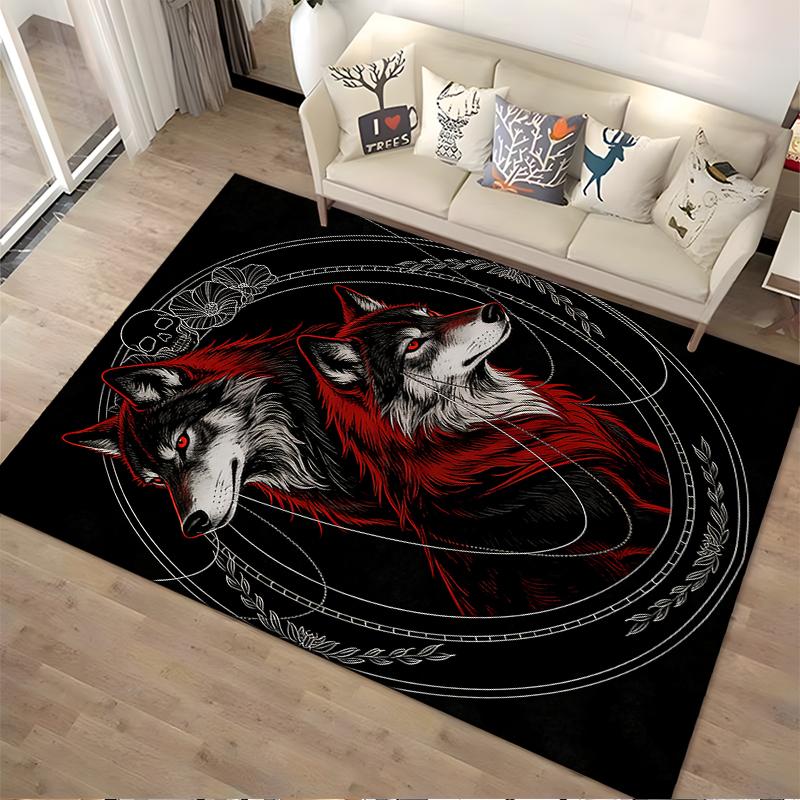 Stylish Black Carpet with Red and White Wolf Design, Artistic Look Suitable for Use As an Anti-slip for Living Room Bedroom Sofas