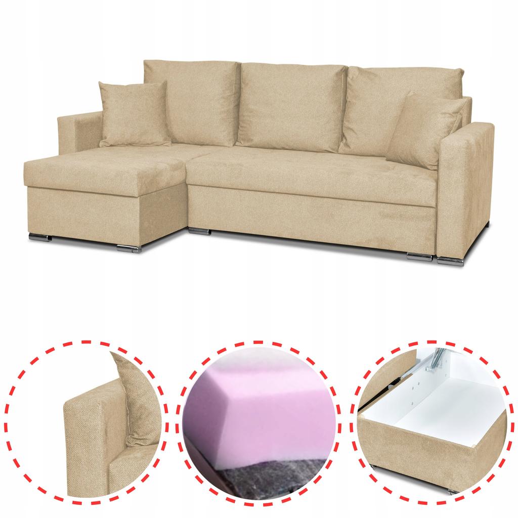 Bella Corner Sofa Bed with Sleeping Function, Corner Sofa, Family Furniture, Beige Velvet