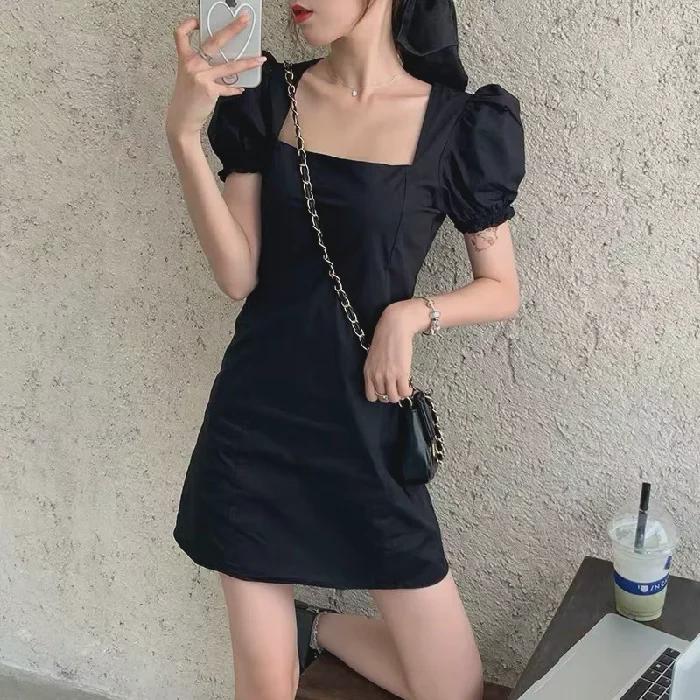 

Французское ретро платье в стиле Хепберн - Лето 2022, Квадратный вырез, Приталенное, Пышный рукав для женщин Large