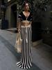 Trendy European-American Women's Sexy V-Neck Striped Knit Long Dress Set