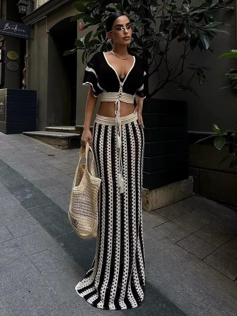 Trendy European-American Women's Sexy V-Neck Striped Knit Long Dress Set