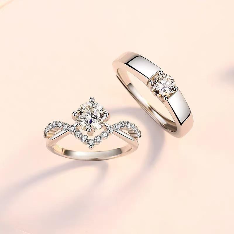 Platinum Gold-Plated Sterling Silver Rings with Diamond Inlay, Classic Four-Claw Crown Design, Matching Couple Style