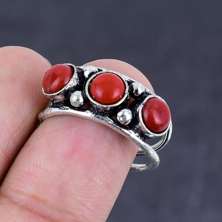 Italiensk Röd Korall Ädelsten Koppar Smycke Ring Storlek 9