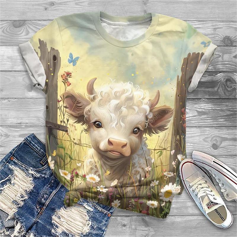

Модная женская футболка с 3D-принтом животного коровы, модная футболка с коротким рукавом, милая футболка для девочек в стиле каваи, одежда для женщин 2000-х годов, Y2k топы S