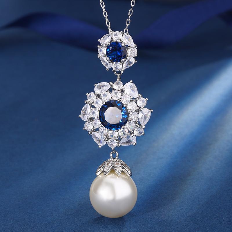 Fashion Luxury Sapphire Jewelry Set for Women Inlaid Water Drop CZ Blue Gemstone Flower Pearl Pendant Necklace Ring Earrings