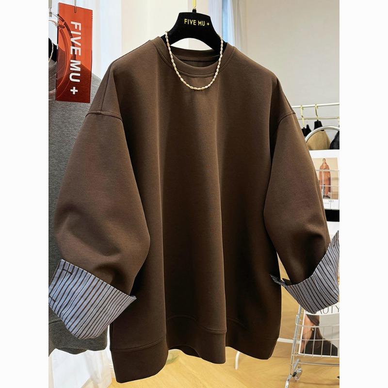 Style Contrasting Fake Two-piece Striped Shirt with Round Neck Sweatshirt for Women Winter Loose Casual Top