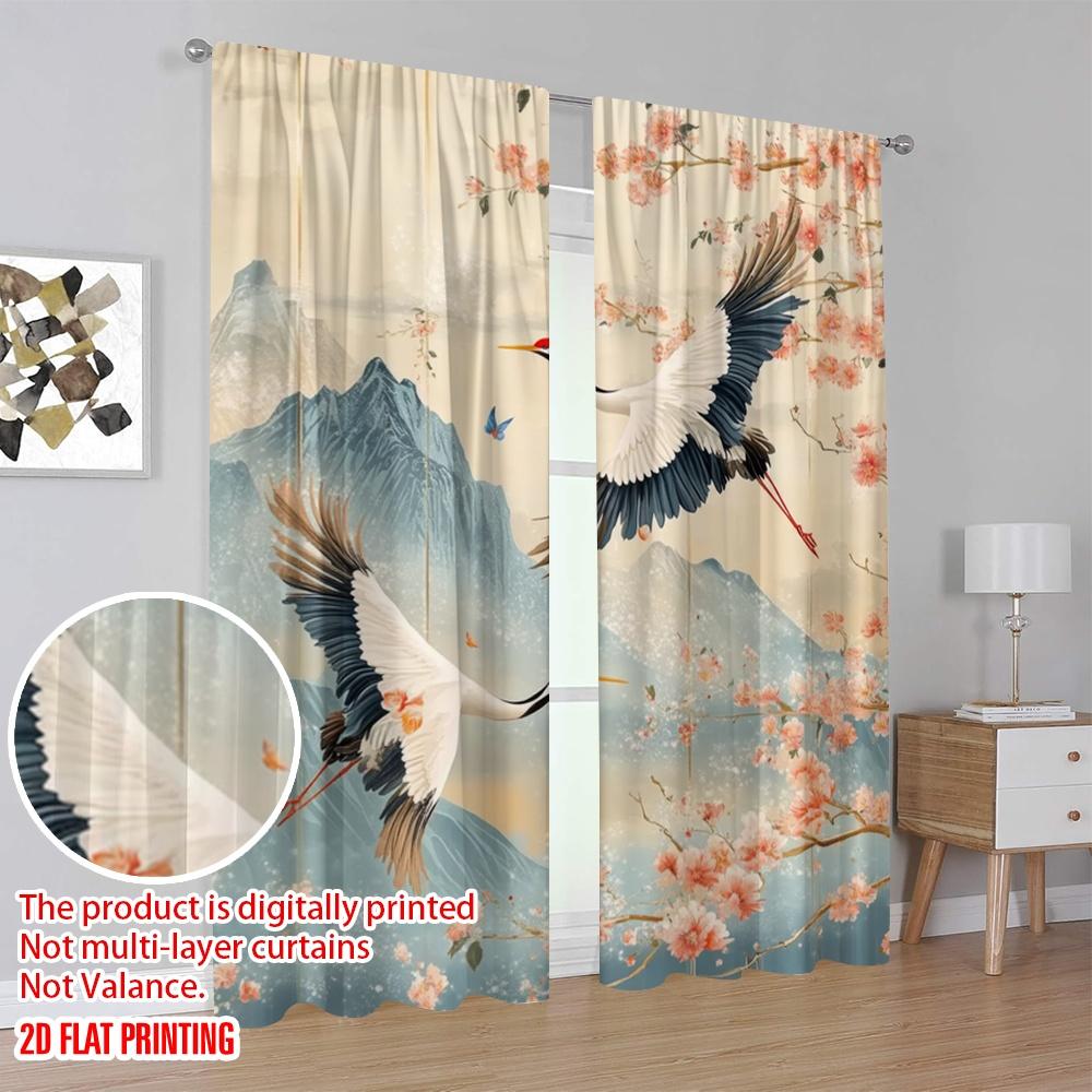 2 Stück, 2D-Flachdruck Beliebte Vorhänge Kraniche und Blüten Vielseitiger Stoff (ohne Stange) Dekorationen Innen Perfekt für