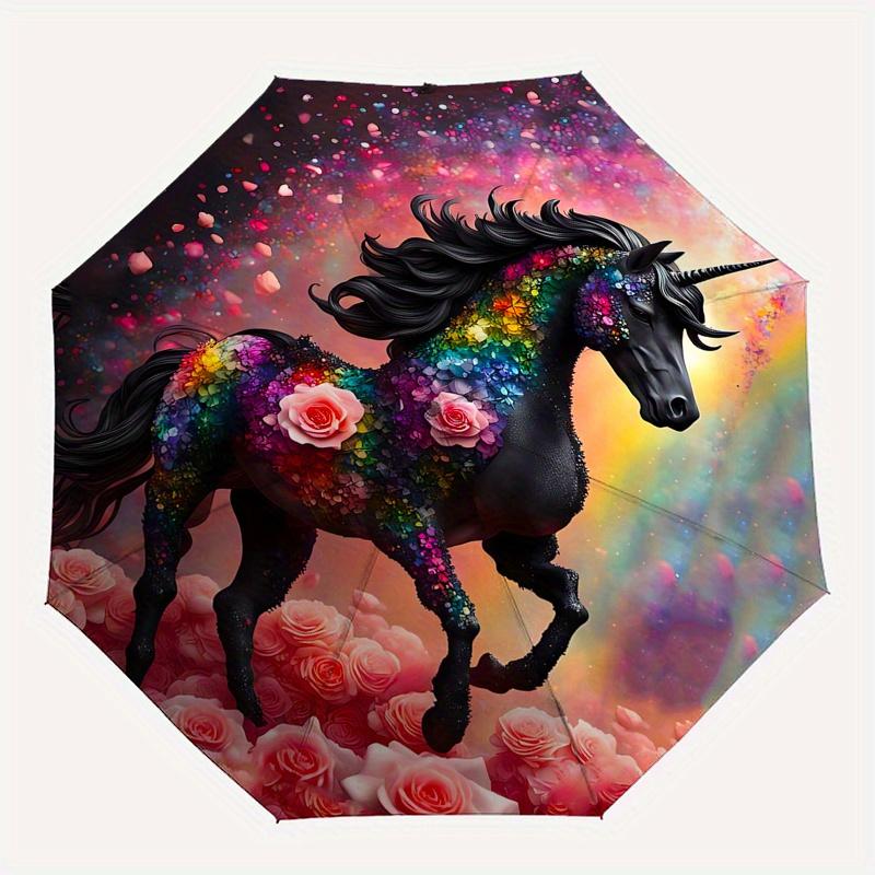 Unicorn, Floral Theme 8 Bone Hand Automatic Folding Fashion Umbrella, Compact and Portable Design, A Perfect Gift for Birthday, Christmas or