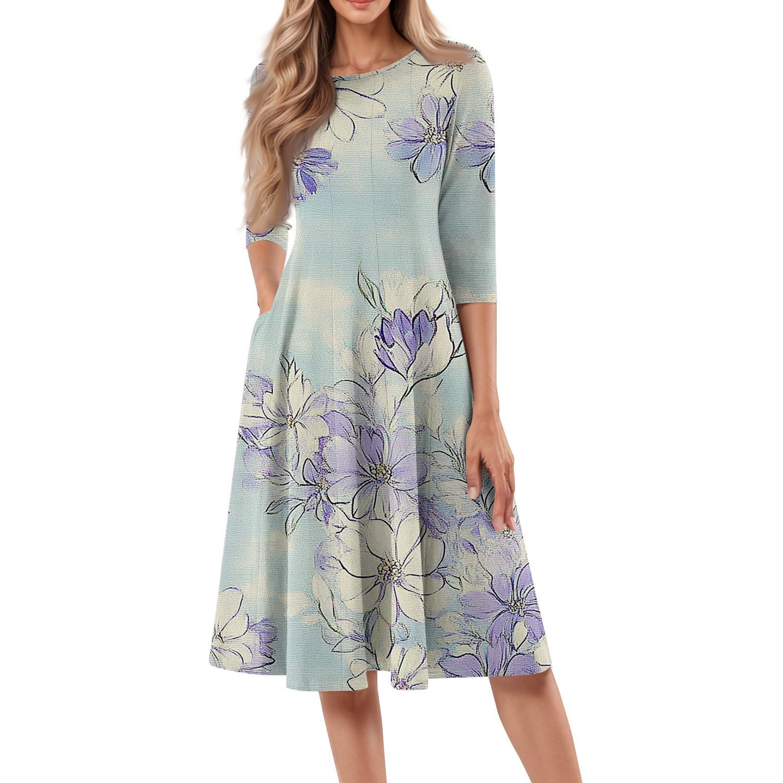 

Женское повседневное модное платье миди с круглым вырезом и рукавом три четверти с цветочным принтом XXL фиолетовый