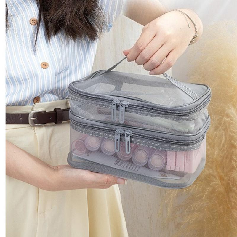 1pc Double Layer Mesh Makeup Bag, Wash Bag, Women's Portable New Large Capacity Storage Bag, Cosmetics Storage Bag