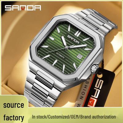Sanda Herren Quadratische Mechanische Uhr, Schlichtes Design, Kalender, Wasserdicht, Massives Stahlarmband, Business-Stil