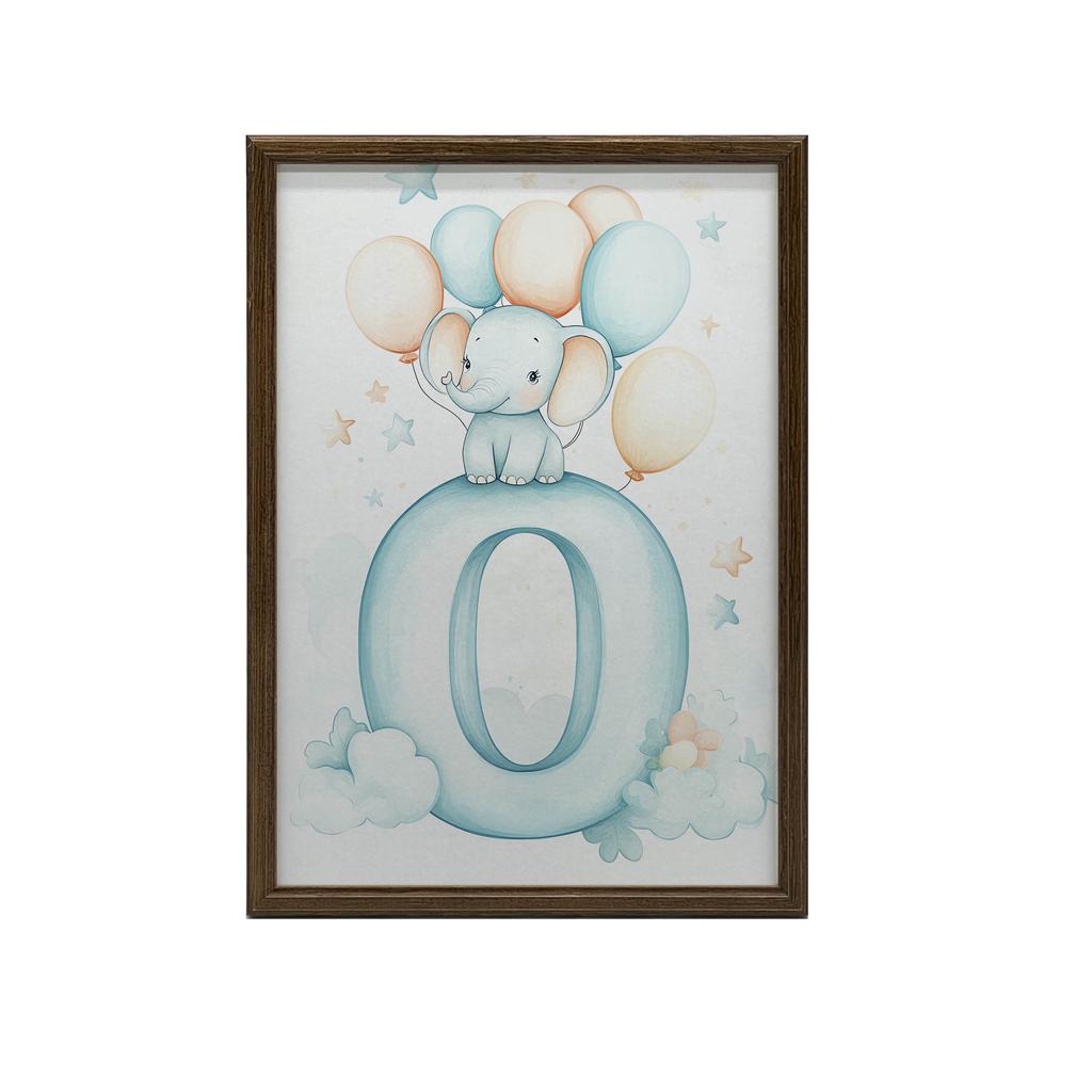 Plakat Słonik Na Chmurze Z Literą O Plakat Słonik Na Chmurze Z Literą O, 50X70 Cm, Rama Aluminiowa Złota, Papier Matowy 230 Gsm
