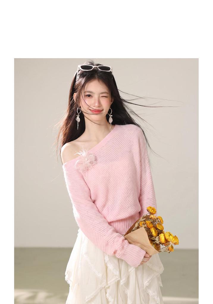 2026 French Autumn Off-Shoulder Floral Knit Sweater