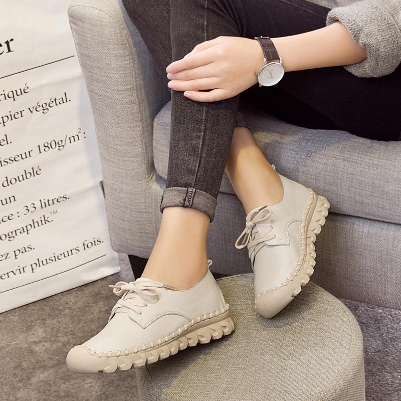 Leather Soft-soled Lace-up Single Shoes Women's New First-layer Cowhide Flat-soled Mother Shoes Casual Shallow Mouth Non-slip Maternity Shoes Summer