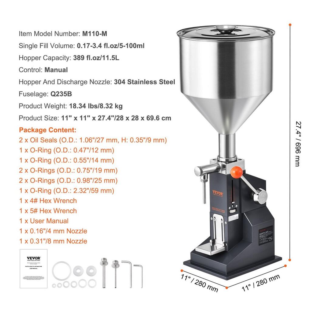 Manual Paste Liquid Filling Machine, 5-100ml Bottle Filler, Adjustable Bottle Filling Machine, Stainless Steel Liquid Filler with Hopper for Milk