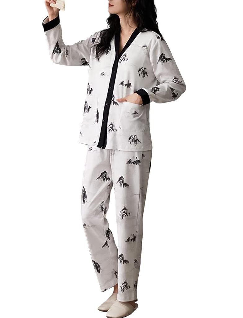 PHOLEEY Open Relaxed Loungewear Women's Pajamas, V-Neck, Collar, 100% Cotton, Fit,