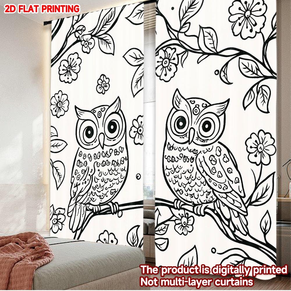 

Set Of 2 Flat Printing Curtains Fashion Black White Owl Digital Printed Polyester Drapes Birthday Party Perfect Outdoor Made W100*H70(CM)-Rod Pocket&1PCS