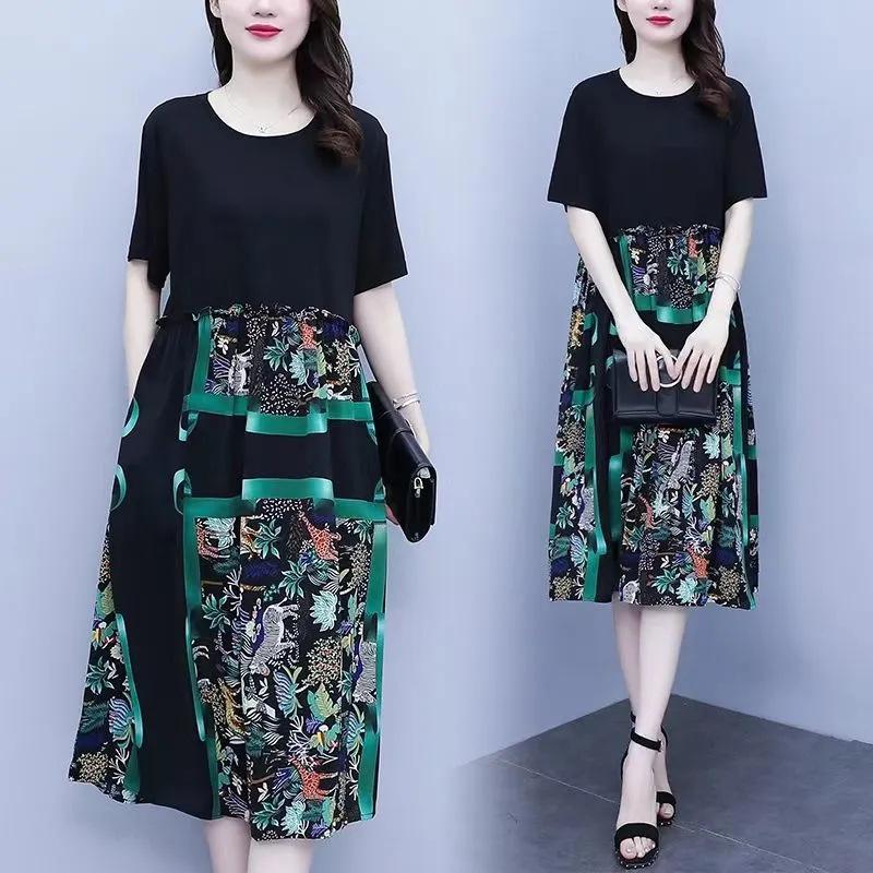 

Летнее платье для женщин, модная свободная юбка-миди большого размера с карманами и круглым вырезом, большое свободное повседневное платье