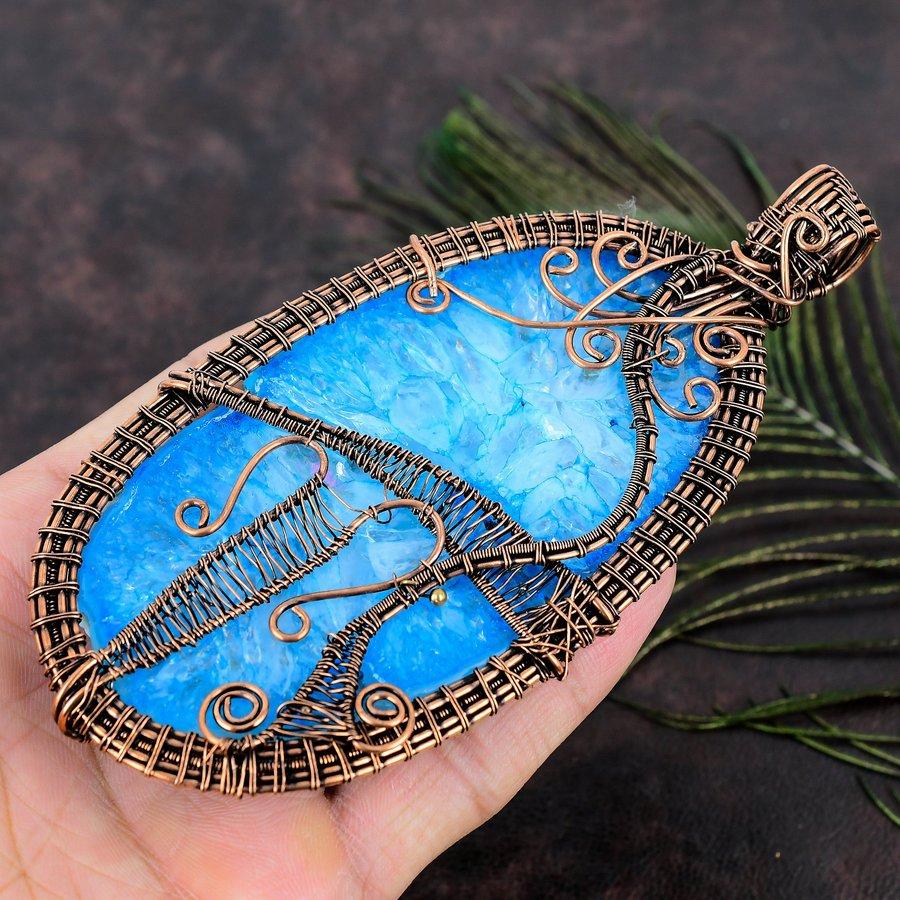 Natural Aqua Solar Druzy Gemstone Handmade Copper Wire Wrap Pendant 5.52 g6M27