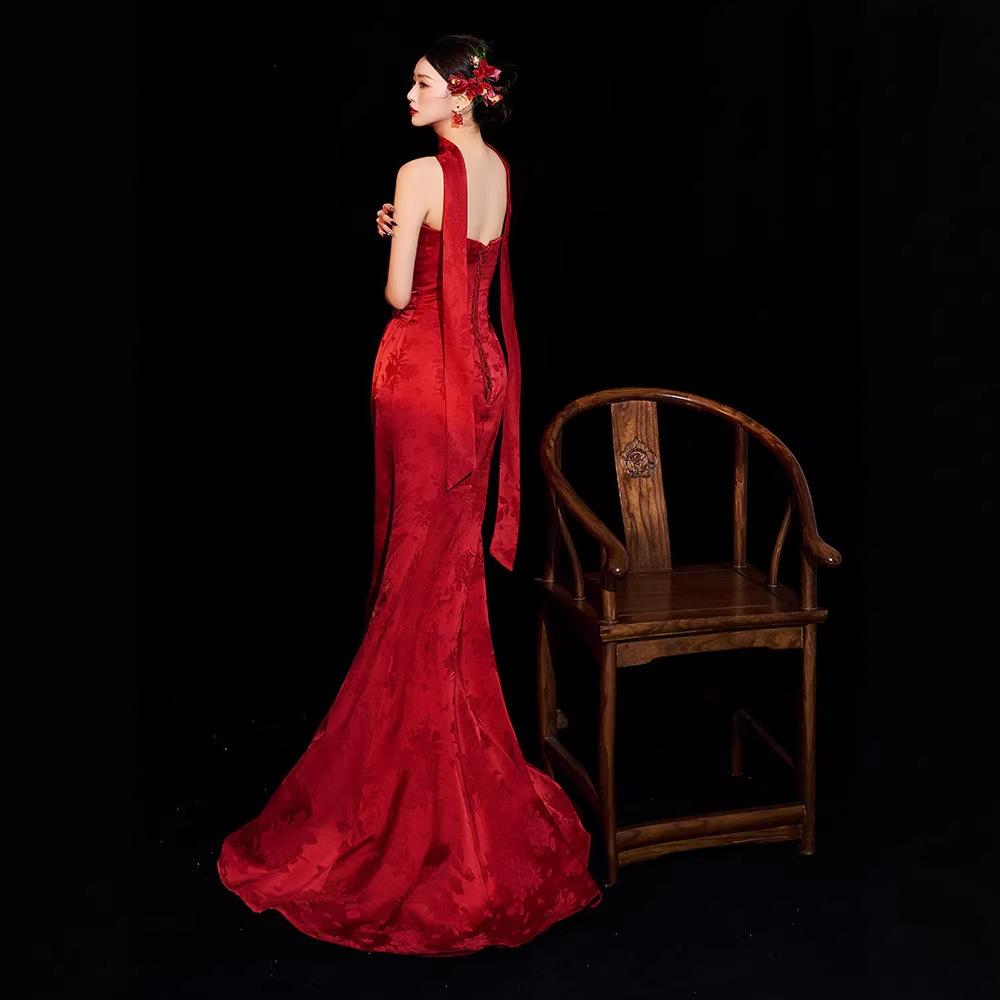 Toast Bridal Burgundy Niche Vintage New Chinese Morning Gown Dress Tube Top Engagement Back Door Fishtail Dress