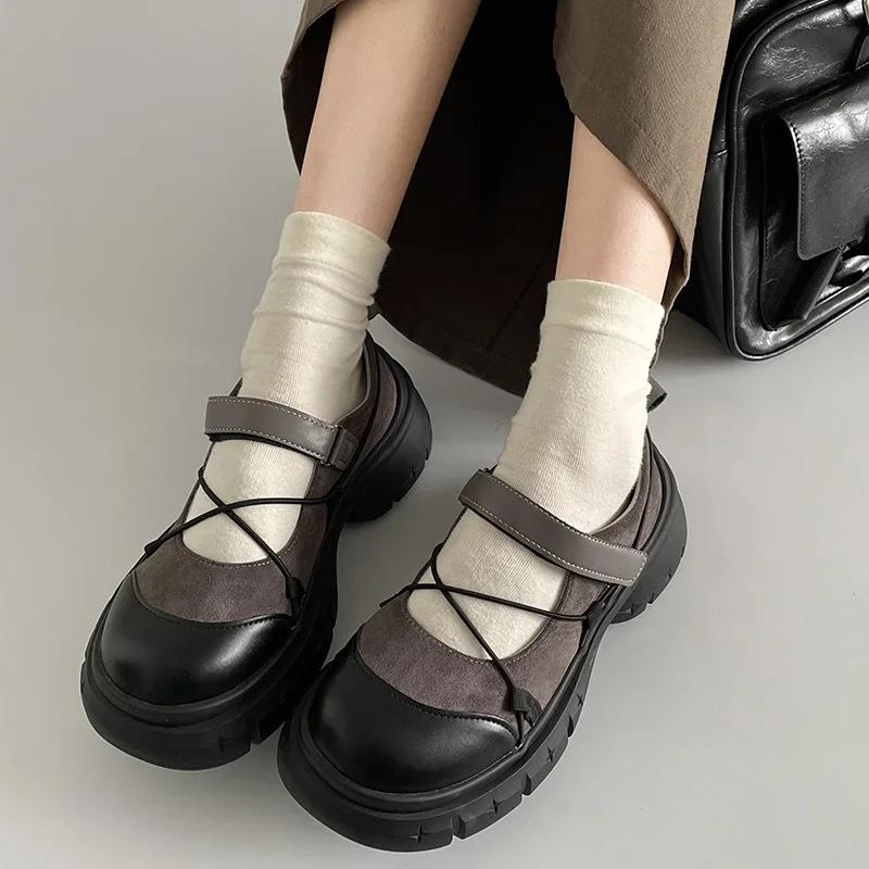 Fashion Round Toe HOOk&LOOP Mary Janes Women Shoes Non-Slip Thick Bottom Ladies Shoes Retro Height Increasing Casual